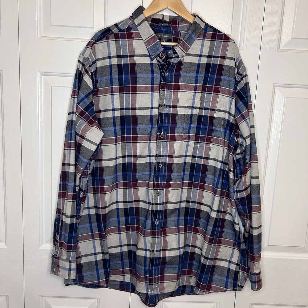 Eddie Bauer Long Sleeve Button Shirt Mens 3XL Plaid Flannel Blue Maroon